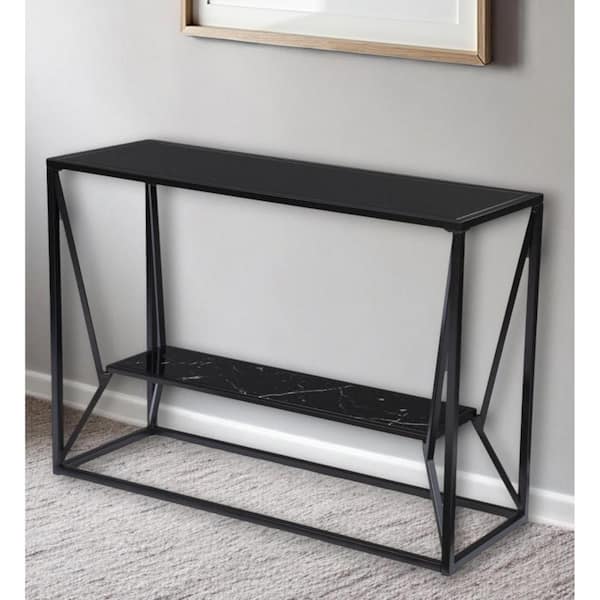 HomeRoots 17.75 in. Black Rectangle Glass Console Table with Shelves