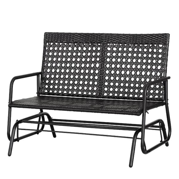 Otryad 2-Person Black Wicker Outdoor Bench, Patio Glider Chair, Outdoor All-Hand Woven PE Rattan Loveseat with Ergonomic