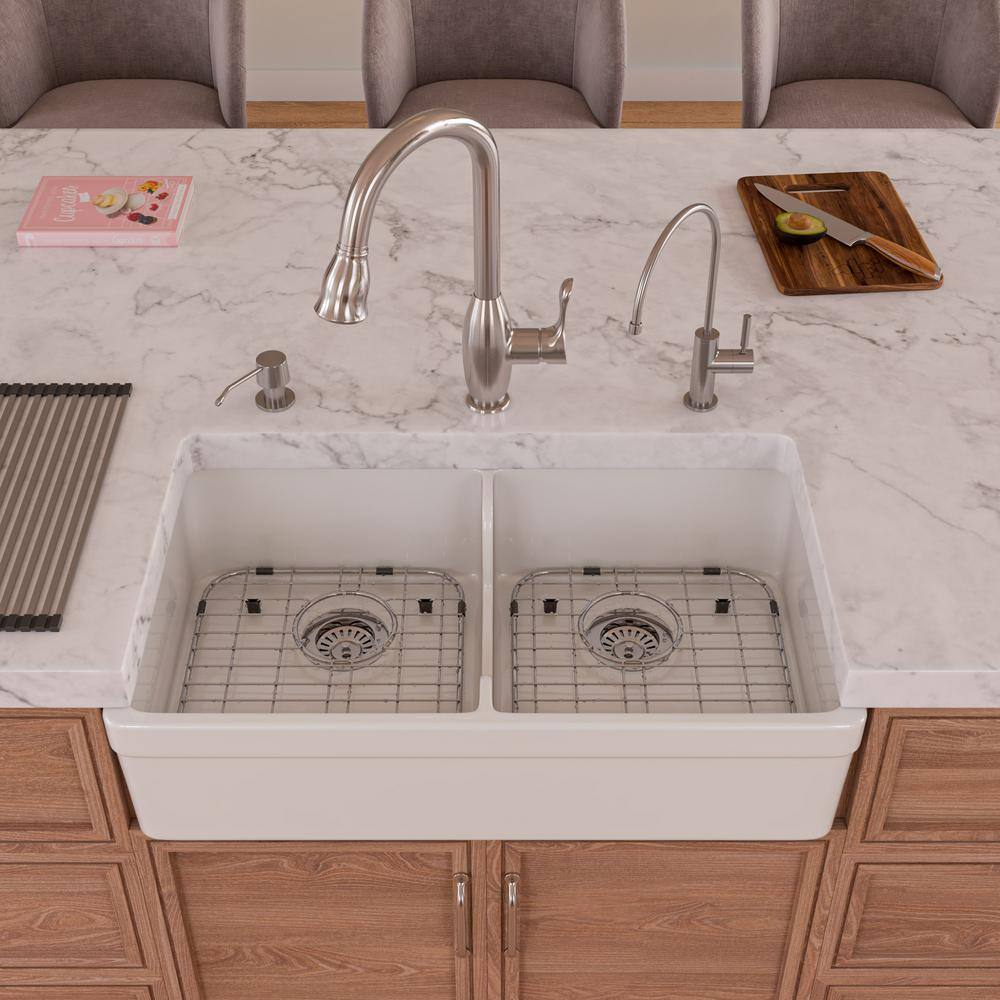 32'' White Fireclay Double Bowl Farmhouse Sink