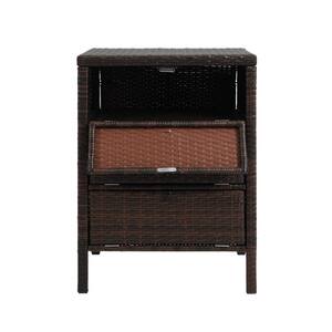 Brown Wicker Outdoor Side Table with Three Floor Locker for Porch, Backyard, Garden and Poolside