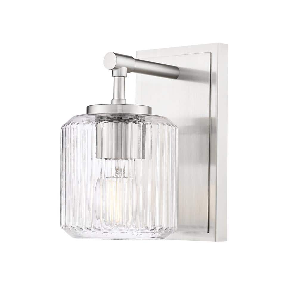Landon 1-Light Brushed Nickel Wall Sconce with Clear Ribbed Glass Shade