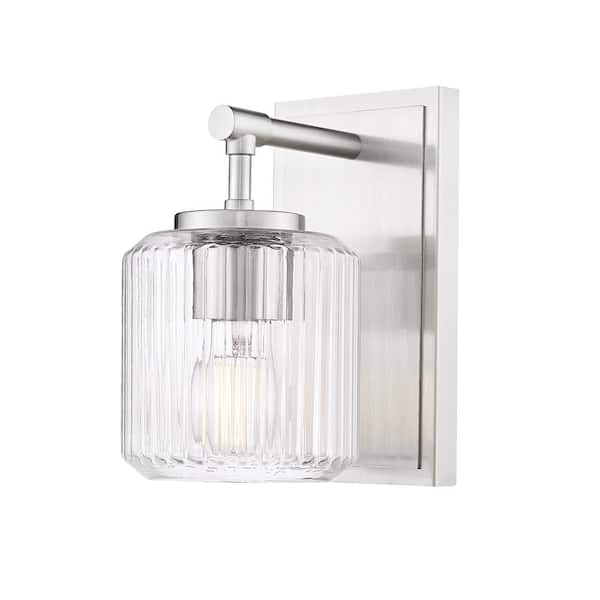 Landon 1-Light Brushed Nickel Wall Sconce with Clear Ribbed Glass Shade