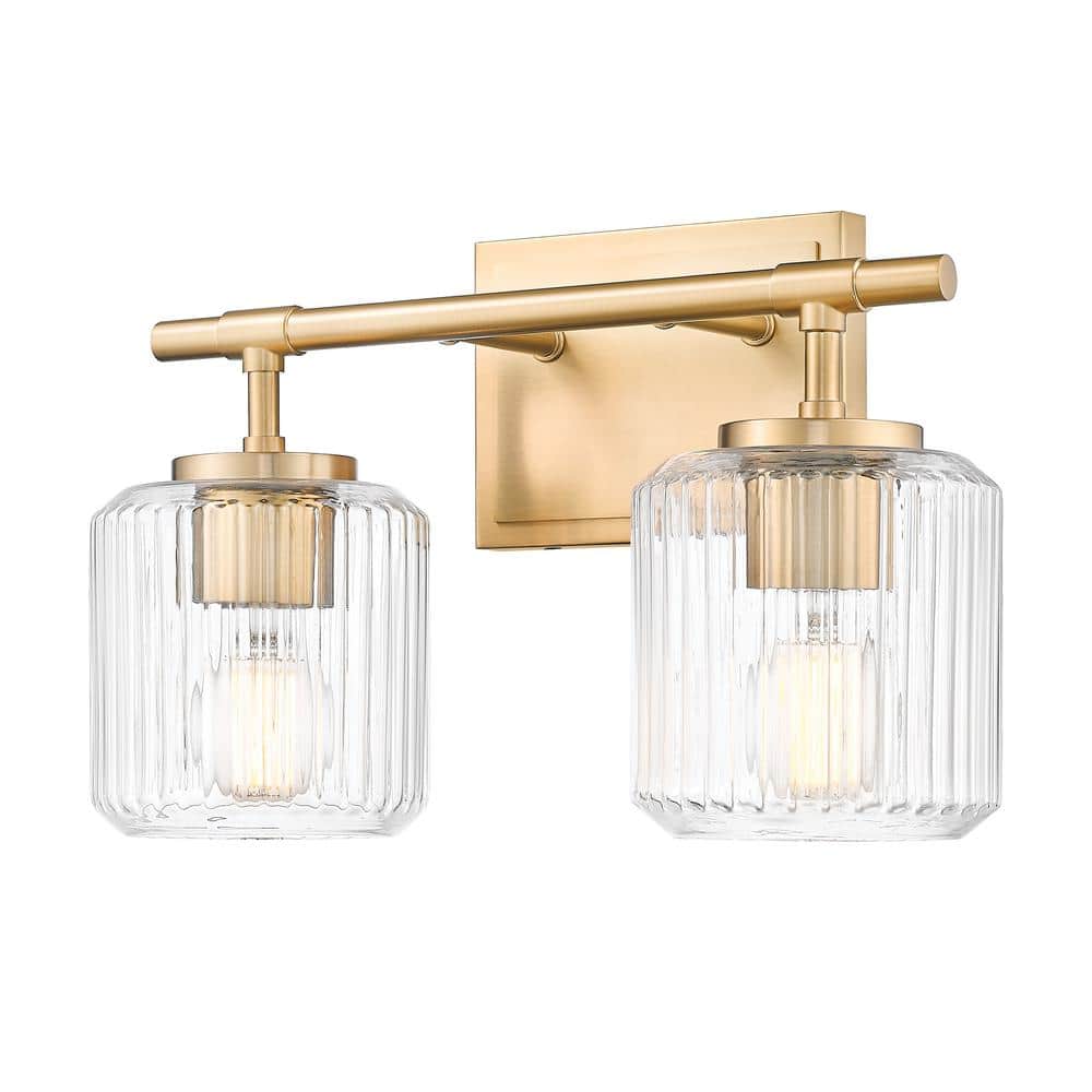 Landon 14 in. 2 Light Modern Gold Vanity Light with Clear Ribbed Glass Shad