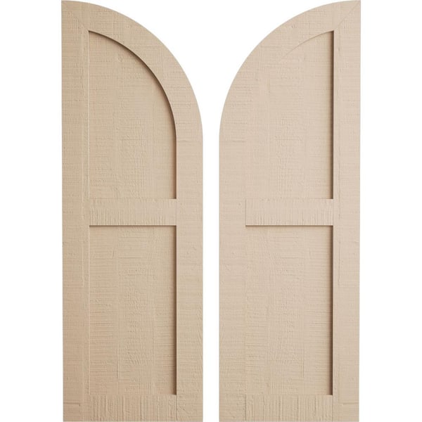 Faux Wood 15 in. x 40 in. 2 Equal Flat Panel with Quarter Round Arch Top Polyurethane Shutters Primed Tan in Rough Cedar