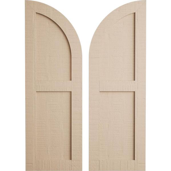 Ekena Millwork Faux Wood 15 in. x 78 in. 2 Equal Flat Panel with Quarter Round Arch Top Polyurethane Shutters Primed Tan in Rough Cedar