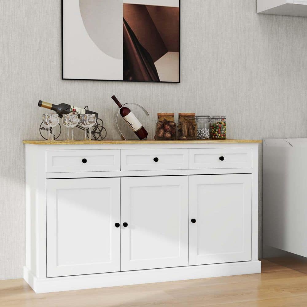 White MDF 53 in. 3-Doors Sideboard Storage Buffet Cabinet Farmhouse Kitchen