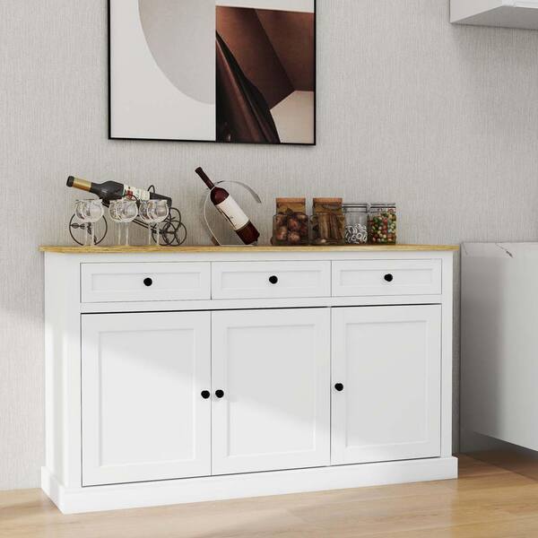 Unbranded White MDF 53 in. 3-Doors Sideboard Storage Buffet Cabinet Farmhouse Kitchen Cupboard w/ 3-Drawers and Adjustable Shelves