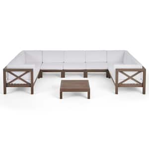 Brava Teak Brown 10-Piece Wood Patio Conversation Sectional Seating Set with White Cushions