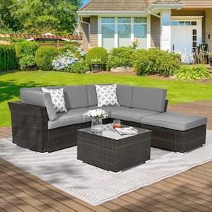 4-Pieces Rattan Wicker Patio Conversation Furniture with Gray Cushions and Coffee Table