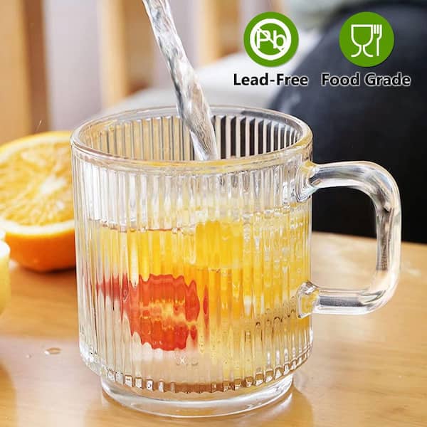 Wudkey 6-Piece 12 oz. Premium Vertical Stripes Glass Coffee Mugs with Handle, Transparent Tea Cup Set for Hot Beverages