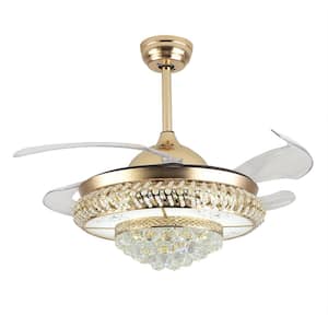 36 in. Gold Modern Luxury Crystal Indoor Integrated LED 3-Speed Retractable Blades Ceiling Fan with Remote