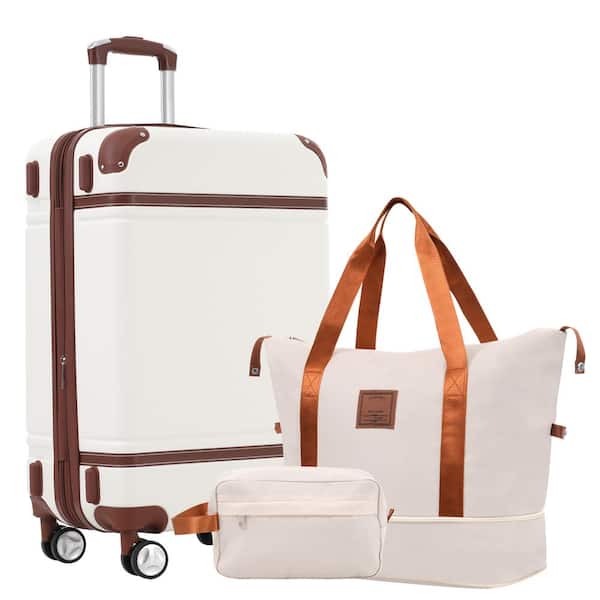 3-Piece White ABS Hardshell Double Spinner 24in. Luggage Set with an Expandable Travel Duffel Bag, a Toiletry Bag