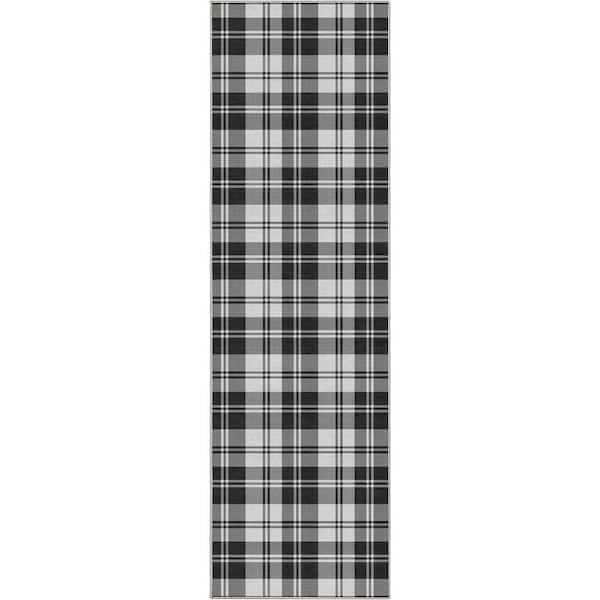 Well Woven Black 2 ft. 3 in. x 7 ft. 3 in. Apollo Plaid Farmhouse Geometric Runner Area Rug