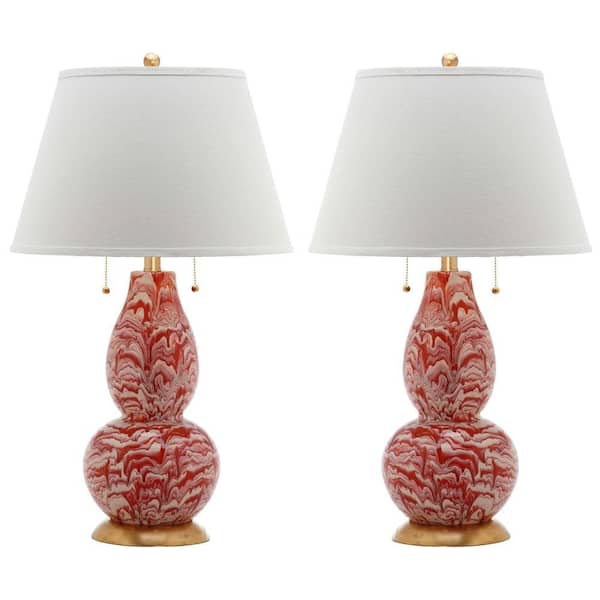 SAFAVIEH Color 28.5 in. Orange/White Swirl Glass Table Lamp with White Shade (Set of 2)