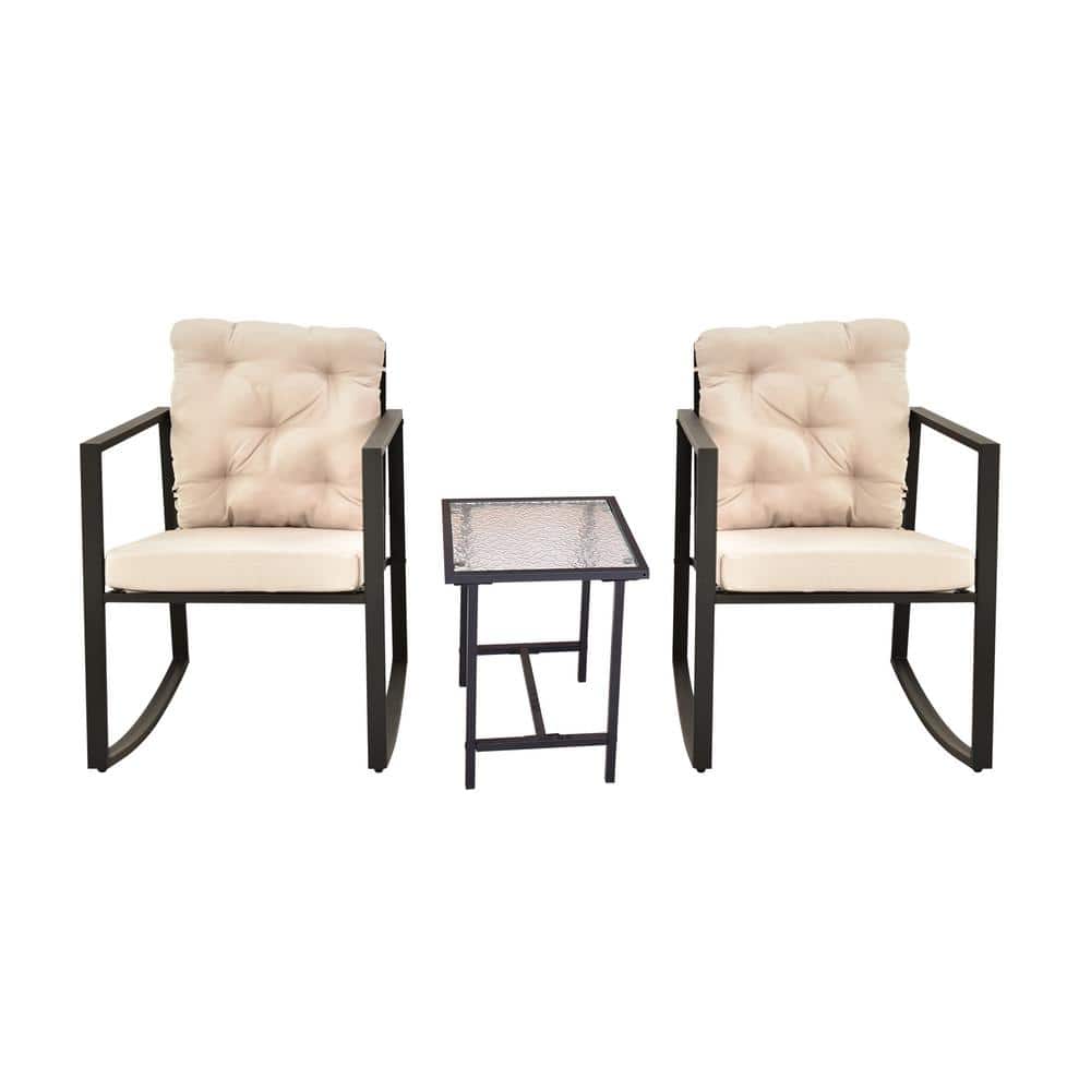 Beige 3-Piece Metal Outdoor Bistro Set with Glass Top Coffee Table and 2 Ch