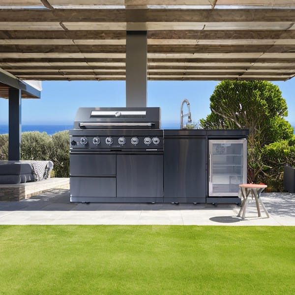 Deluxe Series 4-Burner Propane Gas Grill Island 46 in. Stainless Steel with Rotisserie, Wine Cooler, Granite Countertops