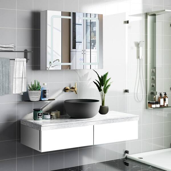 WELLFOR CY 22-in x 27.5-in Surface Mount White Mirrored Medicine Cabinet