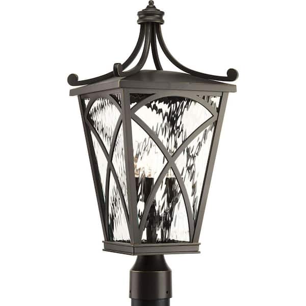Progress Lighting Cadence Collection 3-Light Oil Rubbed Bronze Clear Water Seeded Glass Luxe Outdoor Post Lantern Light