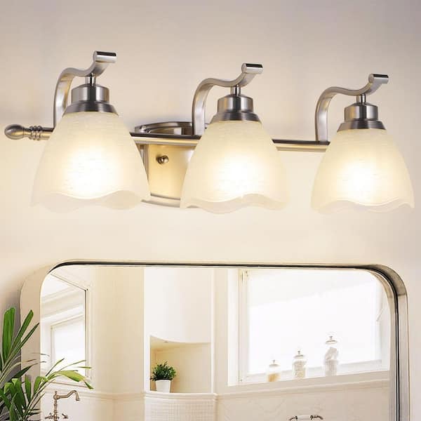 Magic Home 20 in. 3-Light Brushed Nickel Chandelier Bathroom Vanity Light Fixture with Frosted Glass Shades for Bathroom