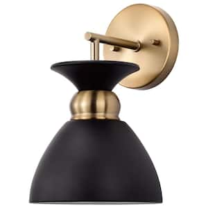 Perkins 7 in. 1-Light Matte Black/Burnished Brass Wall Sconce with Matte Black Metal Shade