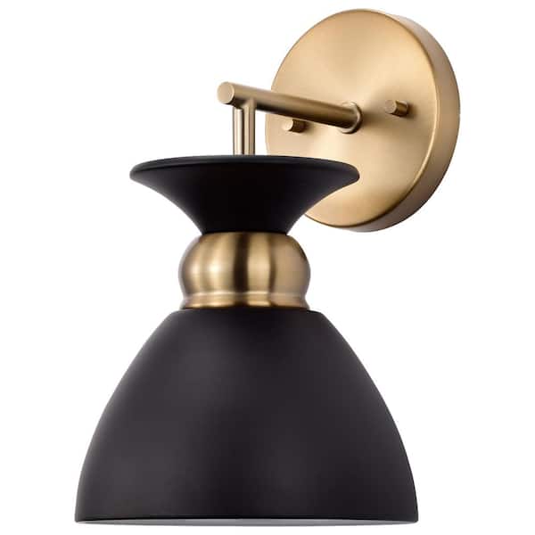 SATCO Perkins 7 in. 1-Light Matte Black/Burnished Brass Wall Sconce with Matte Black Metal Shade