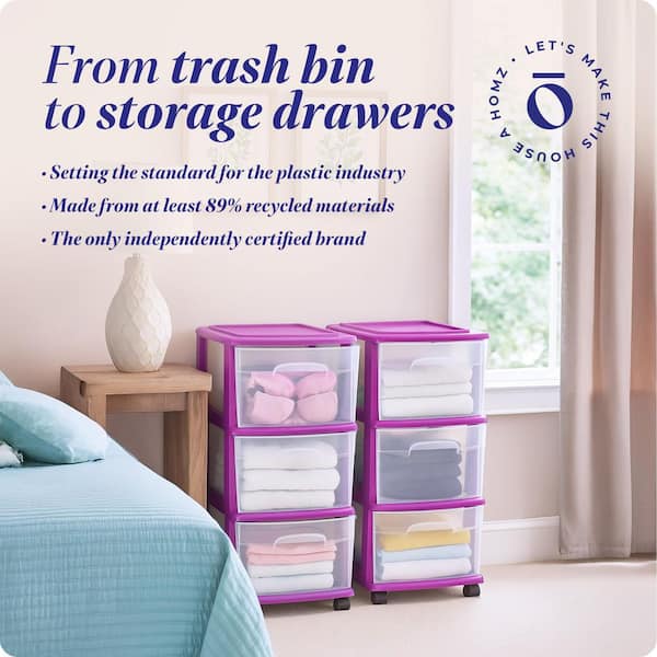 HOMZ 3 Drawer Plastic Medium Storage Container Tower, Purple Frame