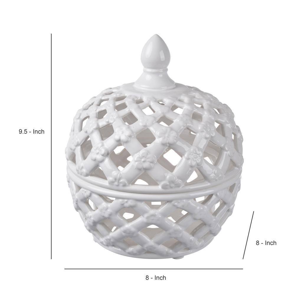 Small White Ceramic Lidded Jar with Floral Motif