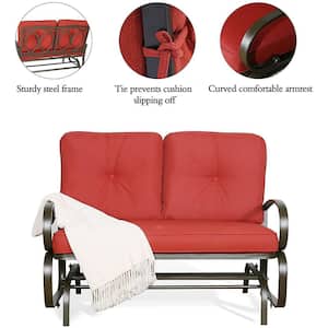 Red Metal Patio Swing Glider Bench Cushioed 2-Person Outdoor Rocking Chair with Cushion Garden Loveseat