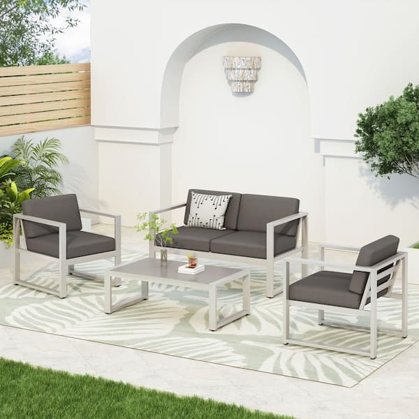 Unbranded 4-Piece Metal Patio Conversation Set with Coffee Table Outdoor Chat Set Gray Cushions