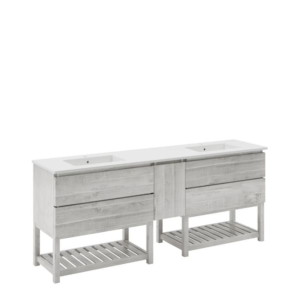 Fresca Formosa 84 in. Double Sink Freestanding Open Bottom Rustic White Bath Vanity with White Quartz Top and Ceramic Sink