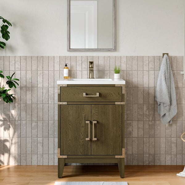 JimsMaison 24 in. W x 17.75 in. D x 33.95 in. H Freestanding Bath Vanity in Grey Oak with White Resin Top