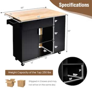 Black Wood 49 in. Kitchen Island Cart Rolling Serving Trolley with Drop Leaf Spice Rack Shelves