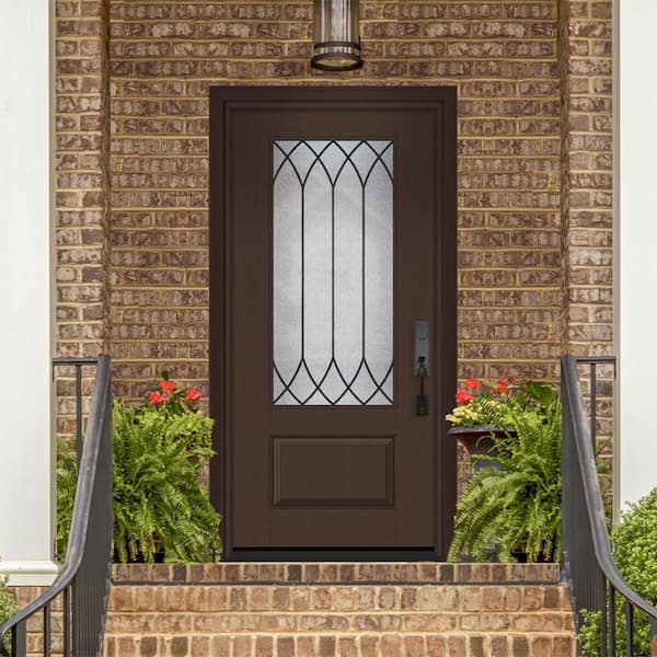 Regency 36 in. x 80 in. Universal Handing 3/4-Lite Spire Decorative Glass Chestnut Stain Fiberglass Front Door Slab