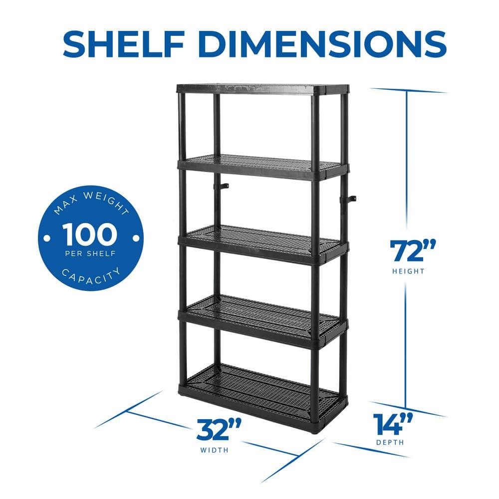 Sleek 5-Shelf Black Plastic Ventilated Storage Organizer, 32"x14"