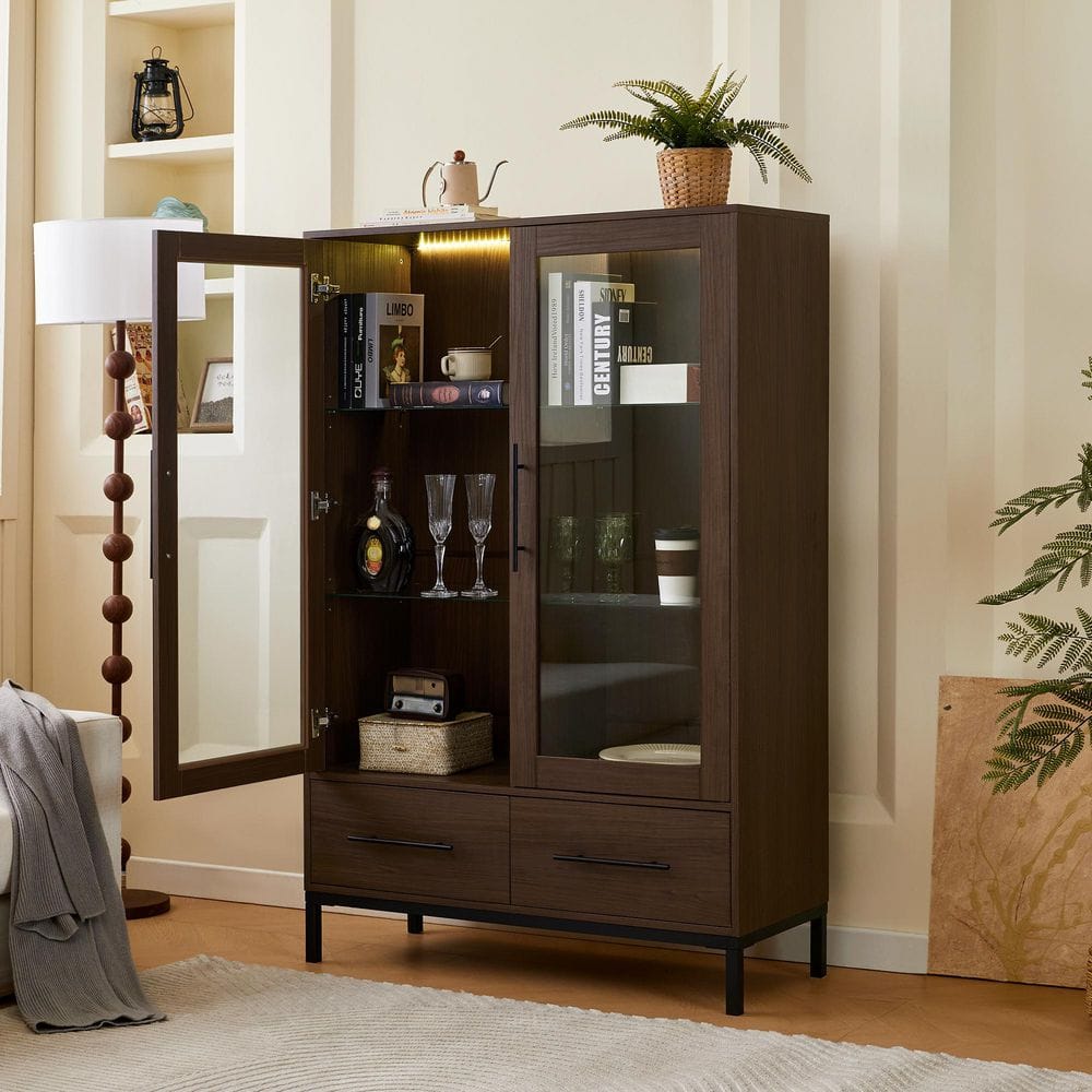 Walnut 16 in. x 60 in. MDF Display Cabinet Decorative Box Curio Cabinet wit