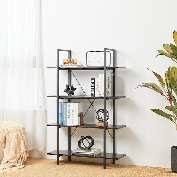 Glitzhome 55 in. H Black Modern Industry Metal/Wooden 4-Shelf Ladder Bookcases - Oak Melamine