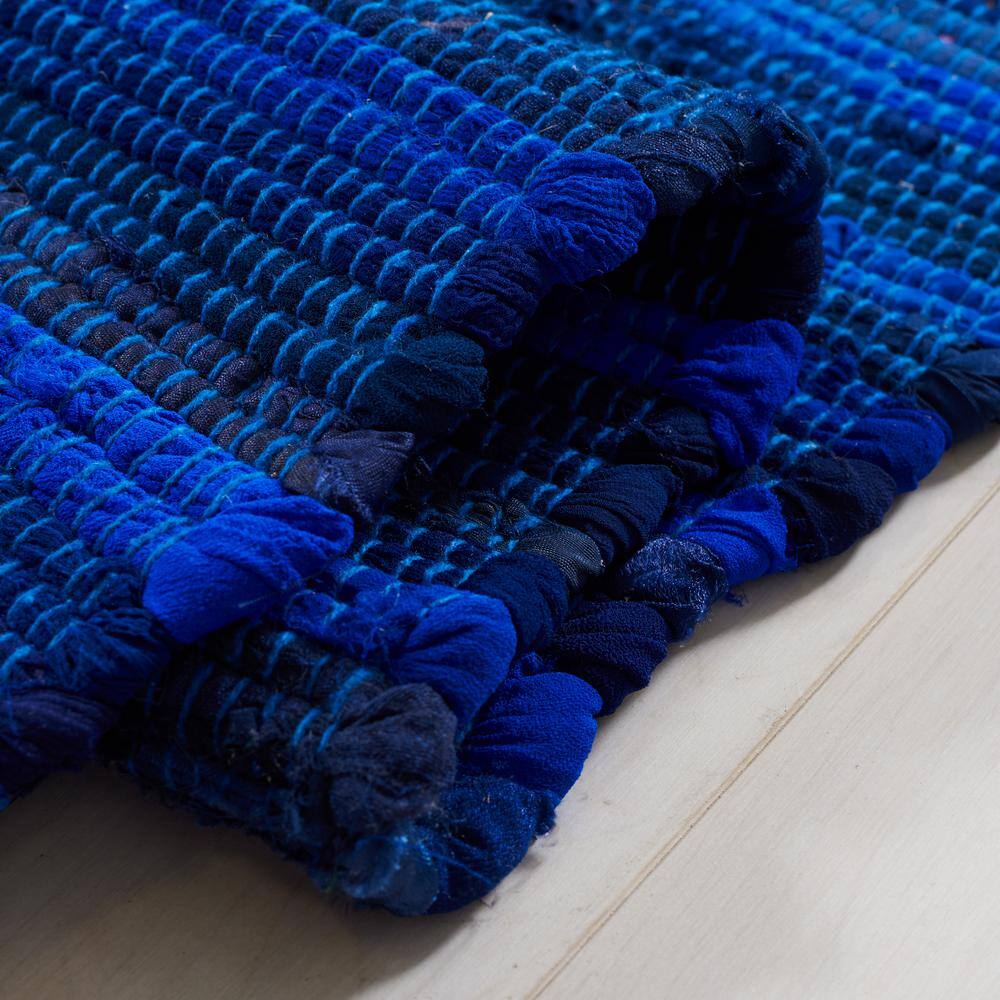 Blue Striped Handmade Wool and Cotton Area Rug