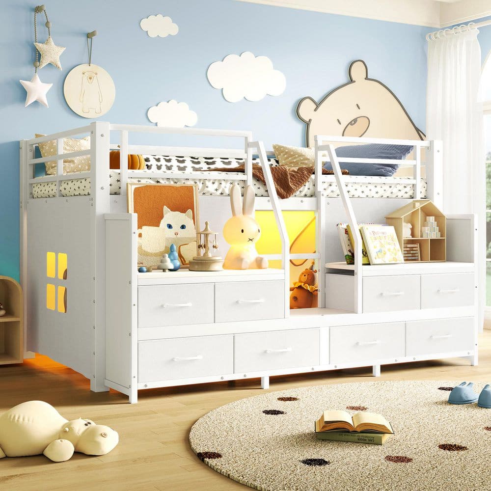 White Twin Size Metal Frame Low Loft Bed with Lights, Shelves and Non-woven Fabric Drawers