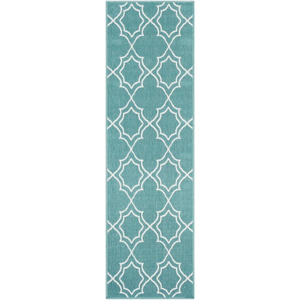Felix Teal 2 ft. 3 in. x 11 ft. 9 in. Geometric Indoor/Outdoor Runner Rug