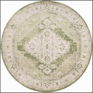 Astra Machine Washable Ivory Green 8 ft. x 8 ft. Center medallion Traditional Round Area Rug