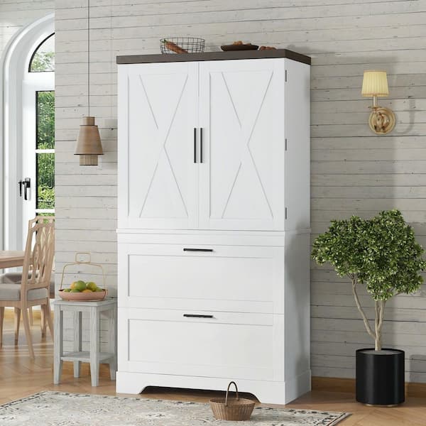 ANBAZAR White 61.7 in. H Modern X Wooden Cabinet with Storage Partitions, 2 Drawers for Living Room Entryway
