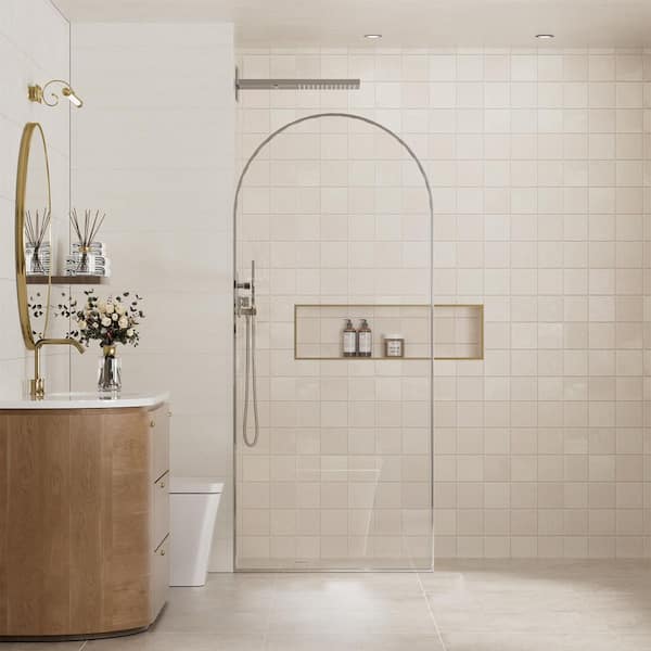 34in W x 78in H Framed Fixed Curved Design Shower Screen Door in Chrome Finish with 3/8 in. Clear Tempered Glass