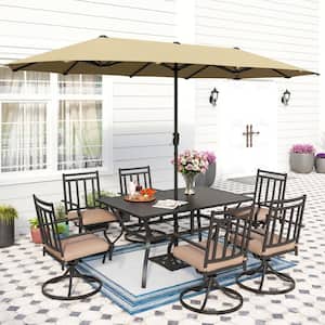 8-Piece Metal Patio Outdoor Dining Set with Beige Cushions and Umbrella
