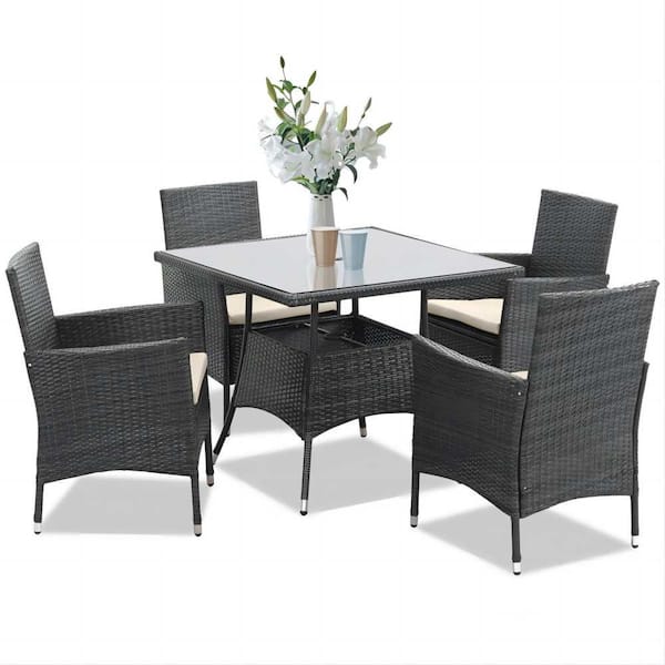 maocao hoom 5-Pieces PE Rattan Wicker Patio Dining Set with Grey Cushions