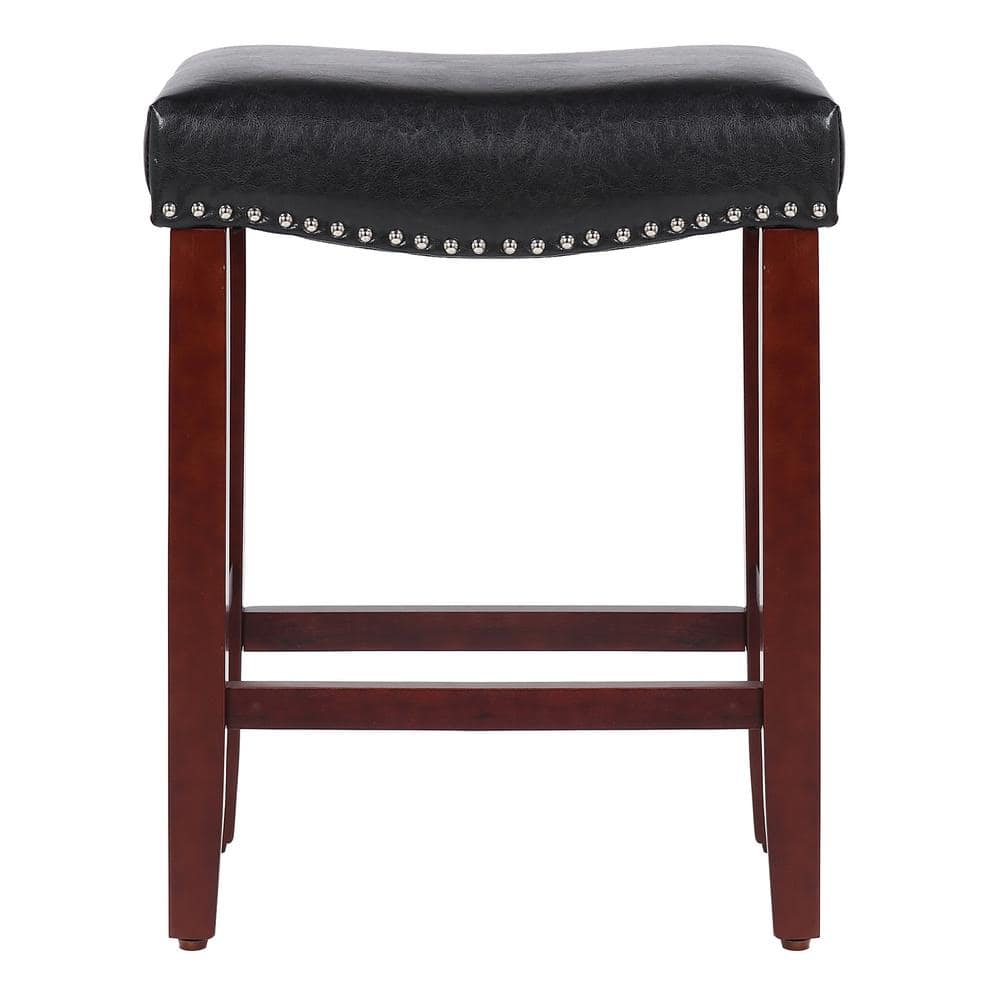 Cherry & Black 24" Saddle Style Wooden Bar Stool with Nail Head Trim