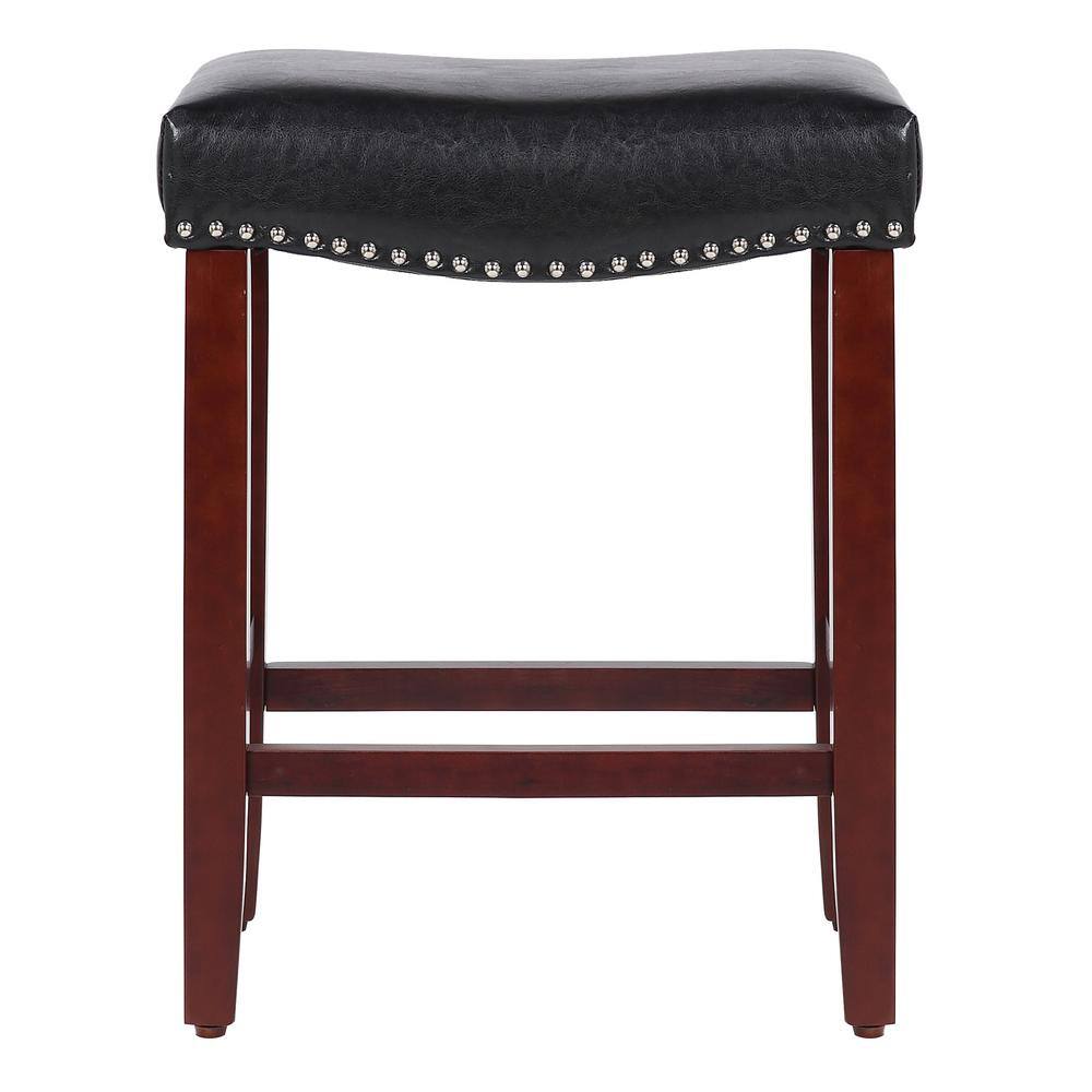 Grandville 24" Black Leather Saddle-Style Bar Stool with Nailhead Trim