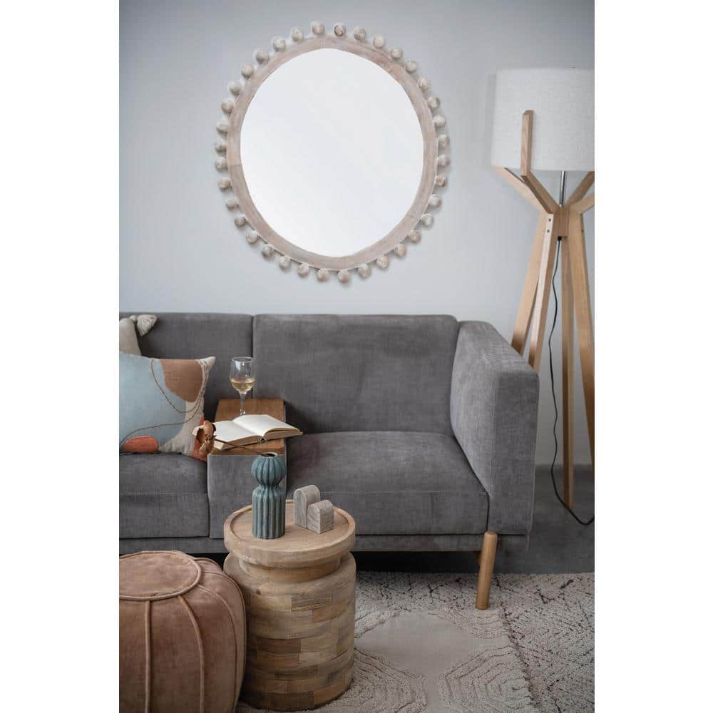 Whitewashed Mango Wood Round Wall Mirror