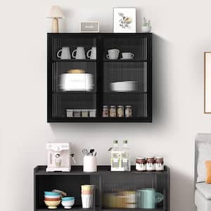 27.56 in. Metal Wall Mount Storage Cabinet Kitchen Pantry Organizer in Black w/ Tempered Glass Doors 3-Removable Shelves