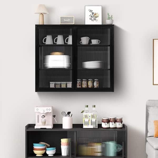 GQB 27.56 in. Metal Wall Mount Storage Cabinet Kitchen Pantry Organizer in Black w/ Tempered Glass Doors 3-Removable Shelves