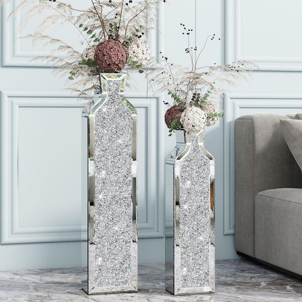 Crushed Diamond 30 in. Silver Glass Amphora Decorative Vases